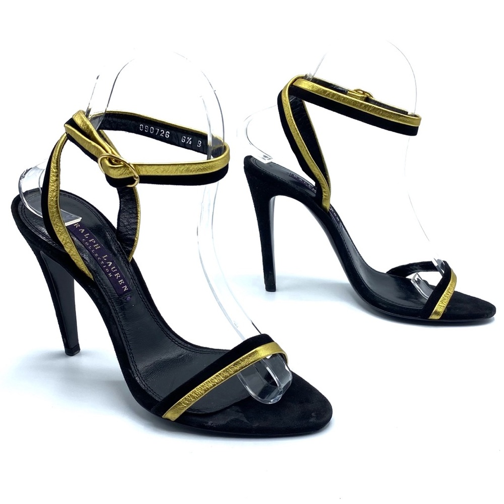 Ralph Lauren Collection Purple Label Black & Gold Ankle Strap High Heels sz 6.5